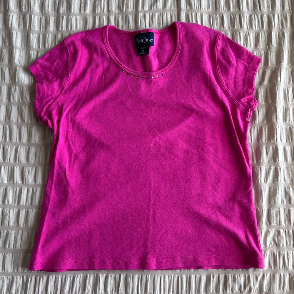 Las Olas Bright Pink Rhinestone Neckline Short Sleeve (M)
